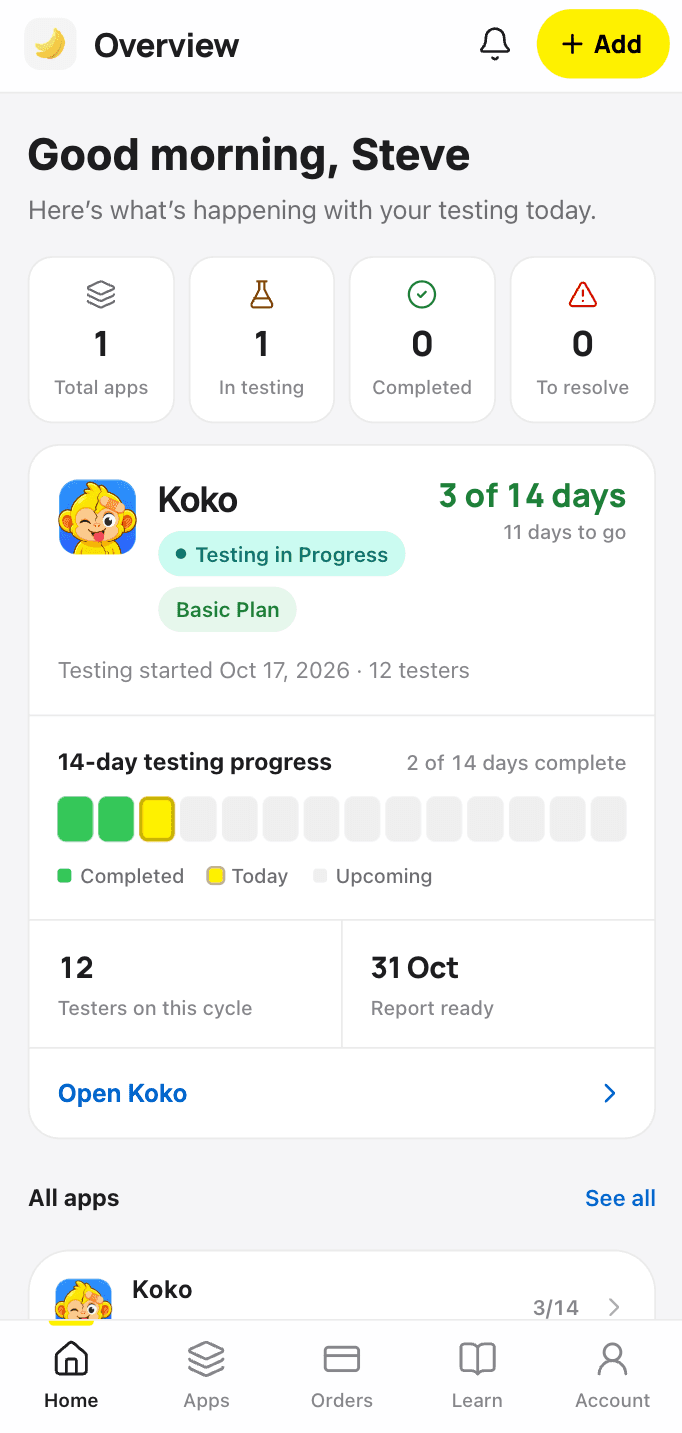 AppBanana dashboard on a phone, showing Koko on day 3 of its 14-day test